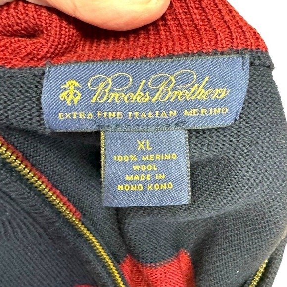BROOKS BROTHERS Mens 100% Merino Wool 1/4 Zip Blue Red Stripe Sweater Sz XL - Picture 5 of 6